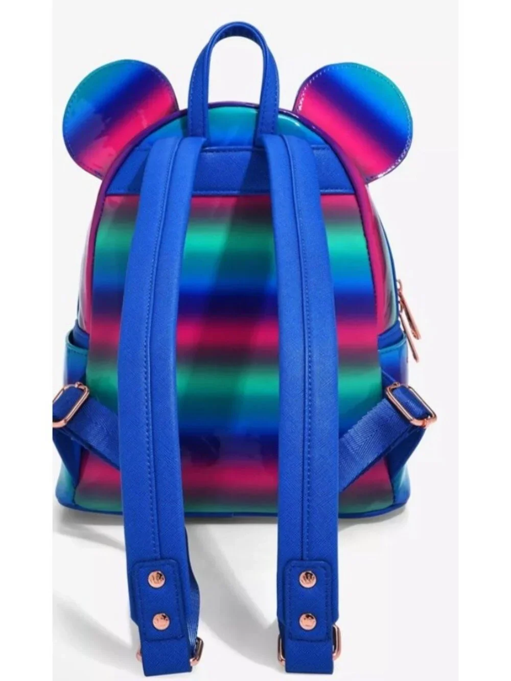 Loungefly Minnie Mouse Bow Ombre Striped Patent Leather Slick Pink Blue NWT